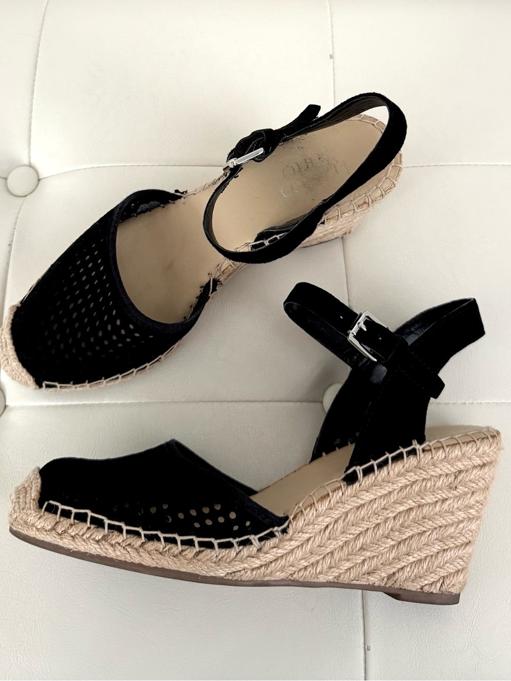 Franco Sarto Black leather Espadrille Wedge Sandals with Ankle Strap